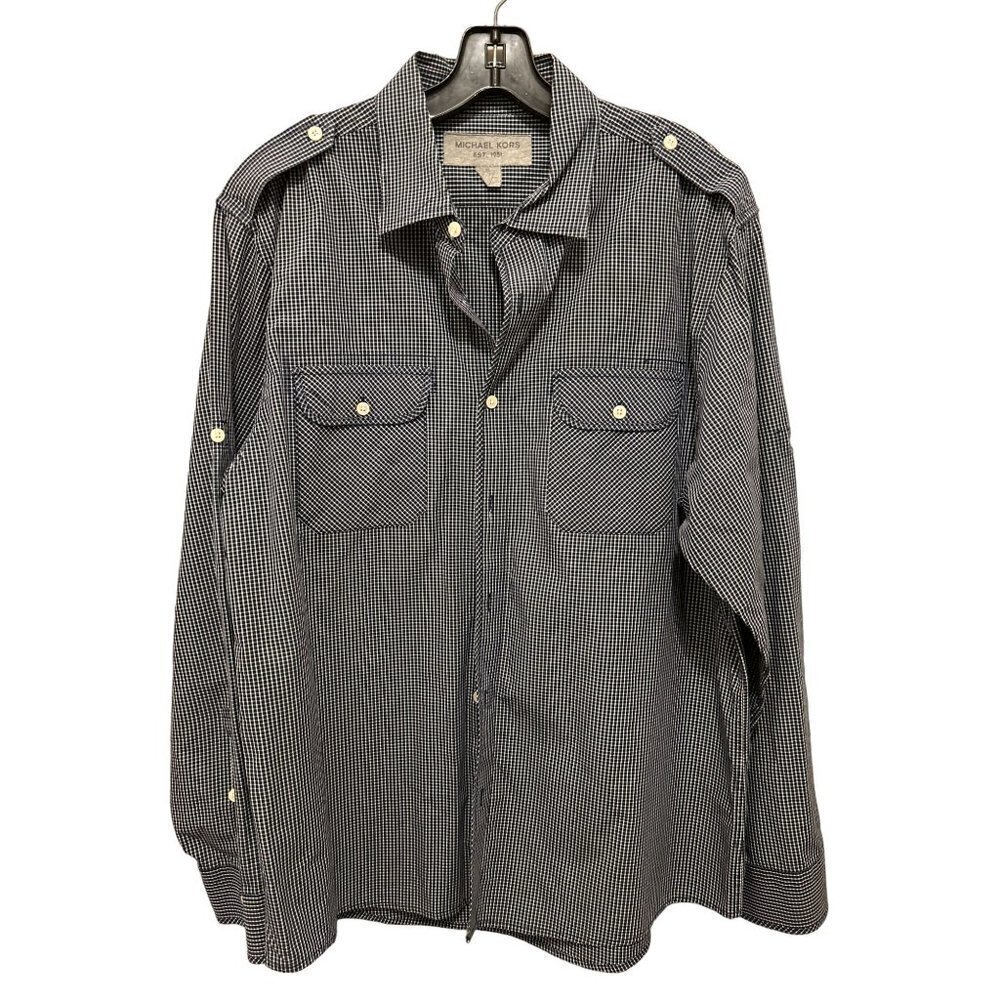 Men's Michael Kors Blue White Small Check Cotton Military Long Sleeve Shirt Size